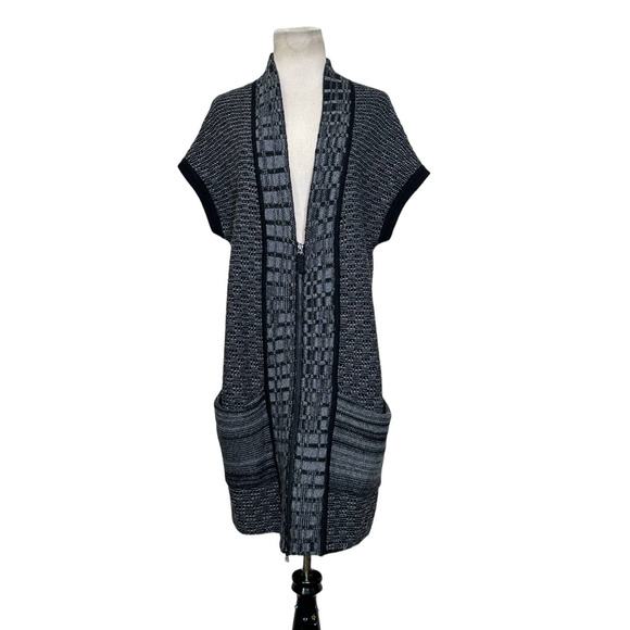 White + Warren Black Gray Knit Drop Shoulder Sleeve Zip Up Sweater Duster M - Picture 1 of 12